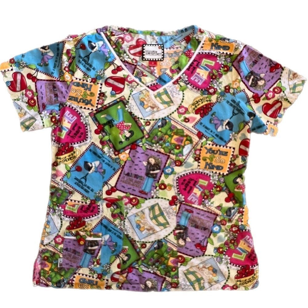 Mary Engelbreit Scrub Top with Two Front Pockets and Appliqué Cherry! Sz Small!